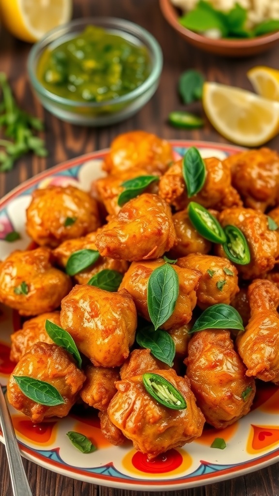 Crispy Chicken 65 garnished with curry leaves and green chilies on a plate with mint chutney.